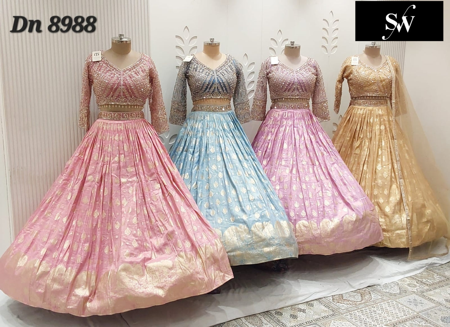 Baby Pink Blue Chiku golden Crop Top Lehenga - Shopping World