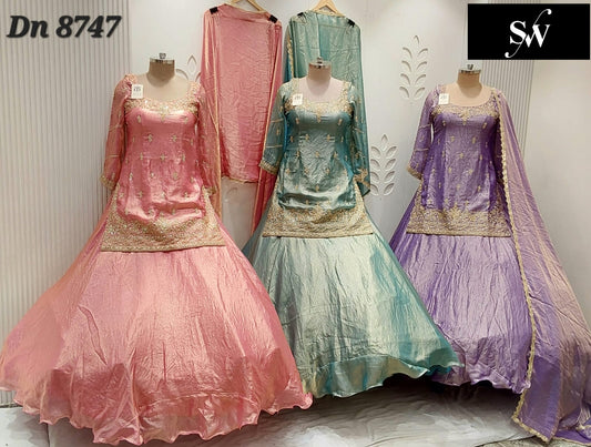 Pink Green Purple Long Crop Top Lehenga