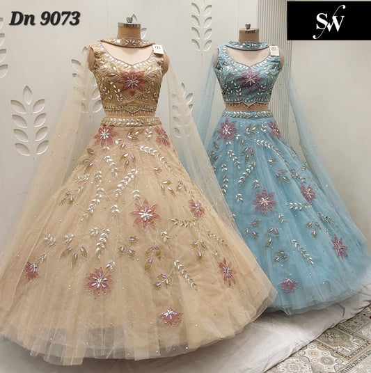 Peach Sky Blue Crop Top Lehenga