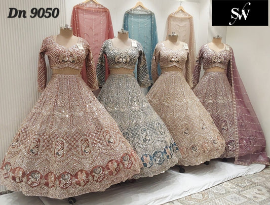 Peach Sky Blue Chiku Golden Purple Crop Top Lehenga