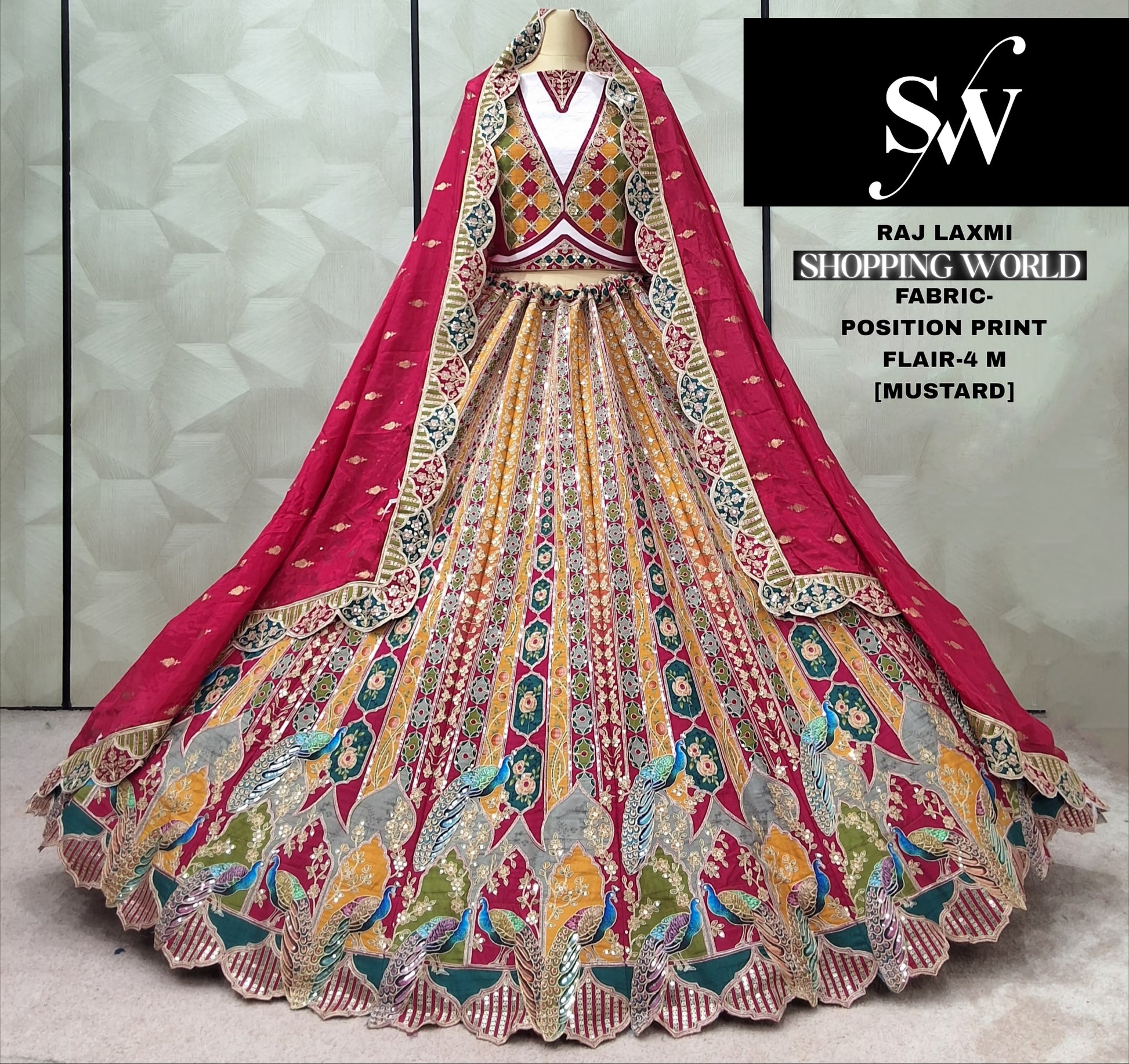 Mustard position print Peacock Crop Top Lehenga - Shopping World