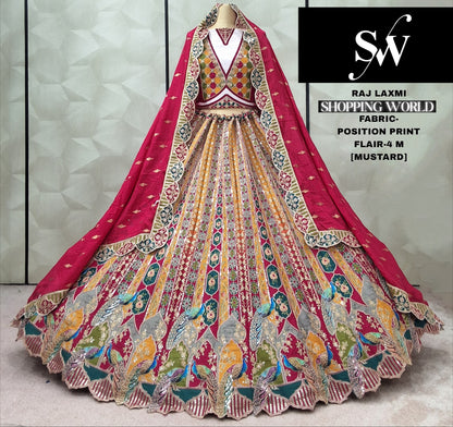 Mustard position print Peacock Crop Top Lehenga - Shopping World