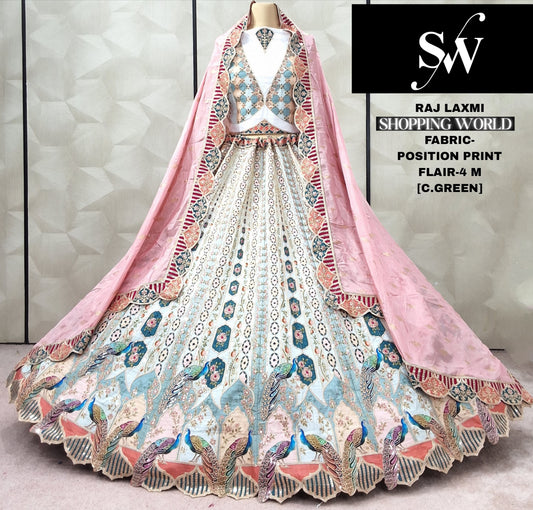 Sea green position print Peacock Crop Top Lehenga