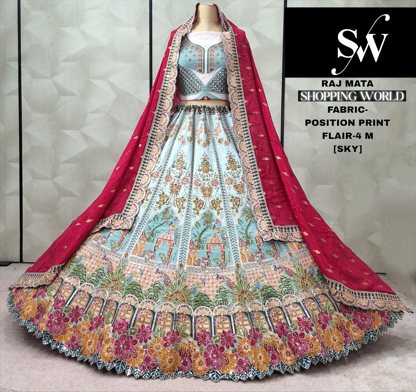 Rani pink position print Crop Top Lehenga