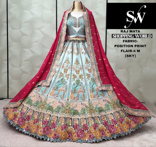 Sky Blue position print Crop Top Lehenga