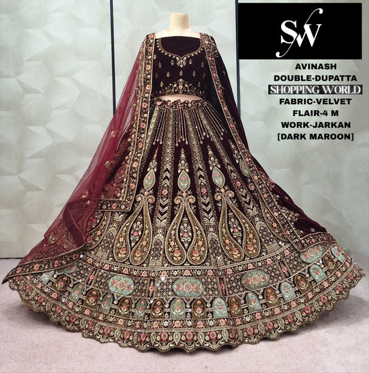 Dark Maroon Peacock Velvet Bridal Lehenga