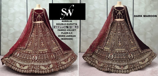Dark Maroon Maroon Peacock Velvet Bridal Lehenga