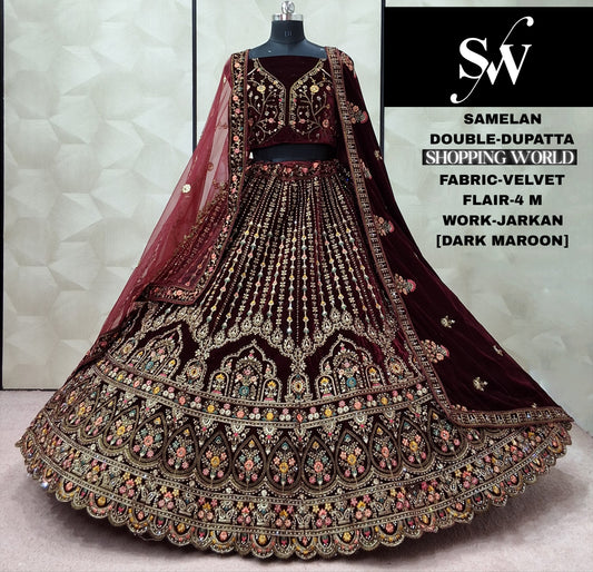 Dark Maroon Velvet Bridal Lehenga