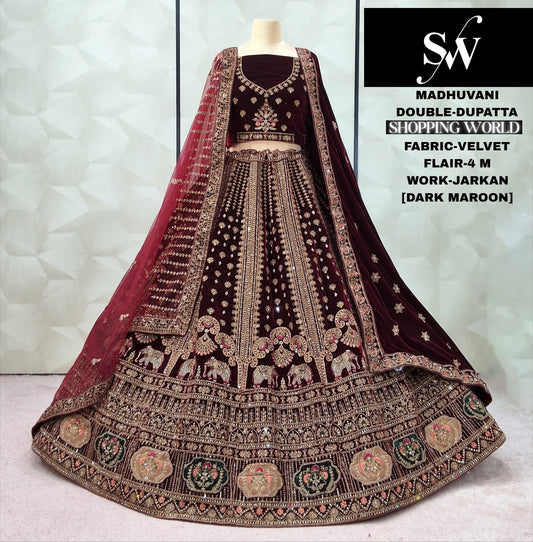 Dark Maroon Velvet Bridal Lehenga