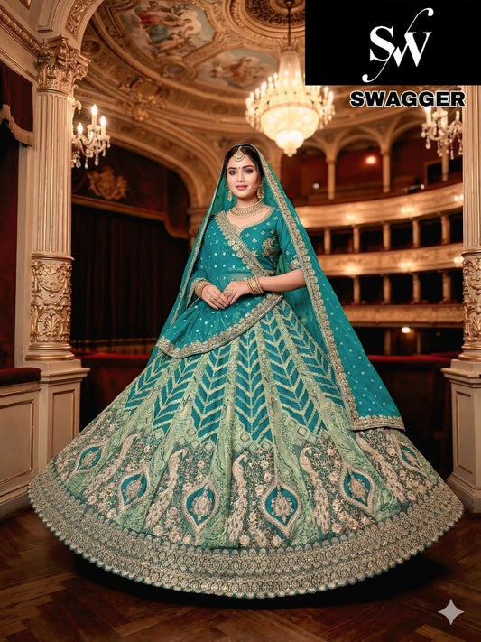 Rust orange Peacock jacquard Lehenga