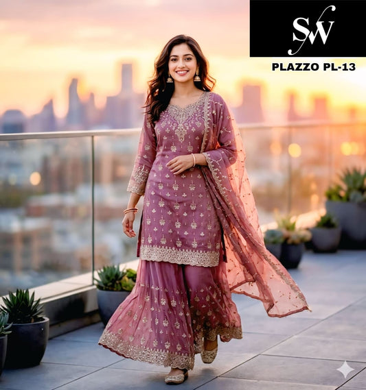 प्याज गुलाबी गबाना प्लाज़ो सूट