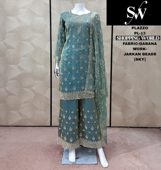 स्काई ब्लू गबाना प्लाजो सूट