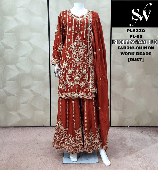 रस्ट ऑरेंज चिनॉन प्लाजो सूट