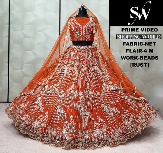 Rust orange Net Lehenga