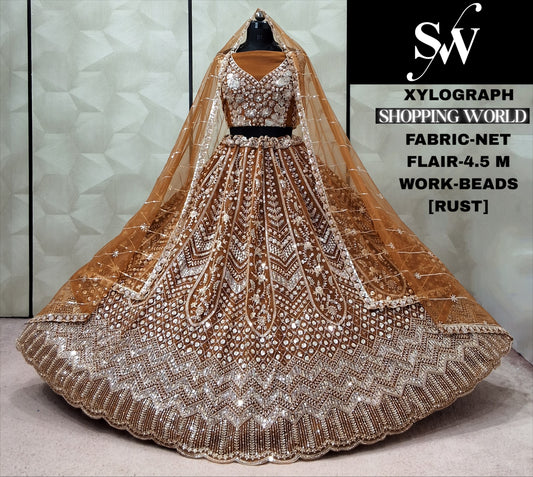 Rust orange Net Lehenga