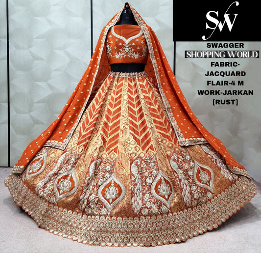 Rust orange Peacock jacquard Lehenga