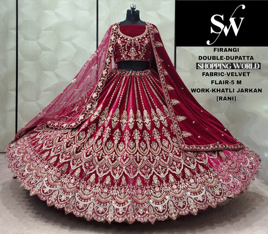 Rani pink Velvet Double Dupatta Bridal Lehenga