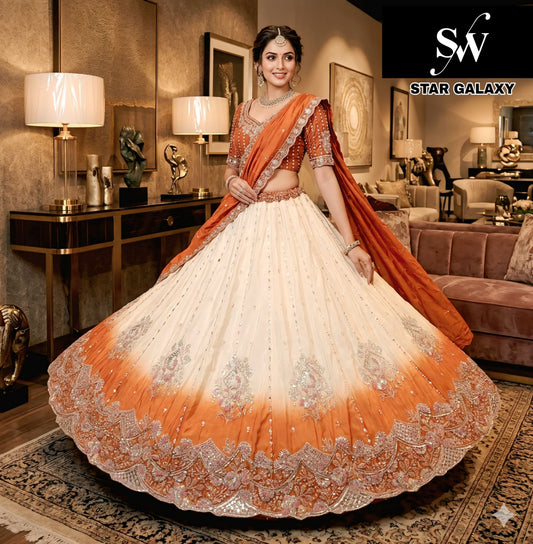 Rust orange Lavender Pista green pink Sky Blue H O Lehenga