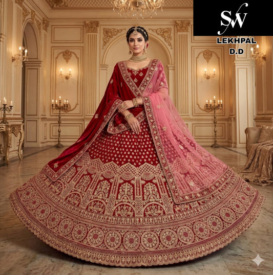 Rani pink Dark Maroon Maroon Velvet Bridal Lehenga
