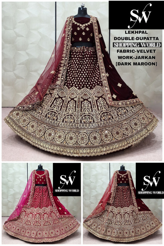 Rani pink Dark Maroon Maroon Velvet Bridal Lehenga