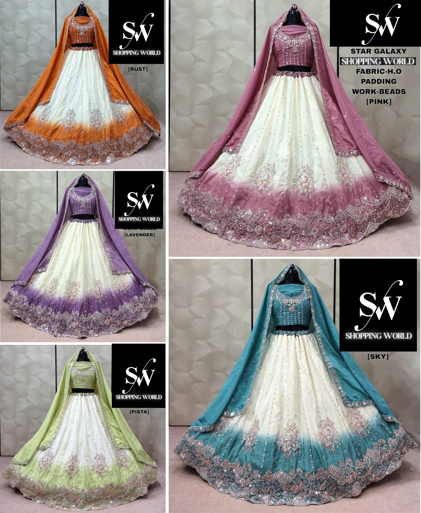 Rust orange Lavender Pista green pink Sky Blue H O Lehenga