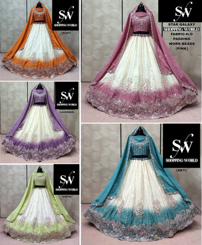 Rust orange Lavender Pista green pink Sky Blue H O Lehenga