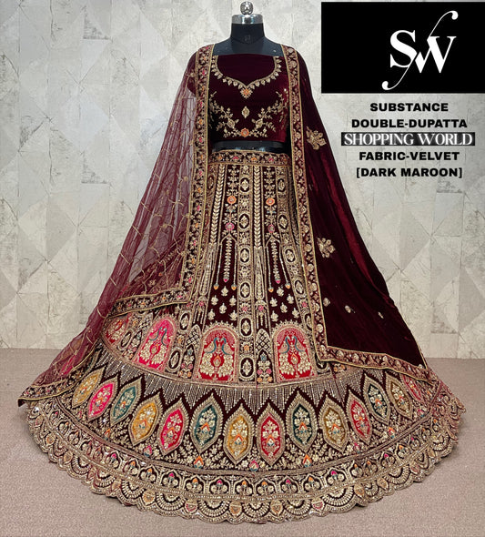 Dark Maroon Velvet Double Dupatta Bridal Lehenga