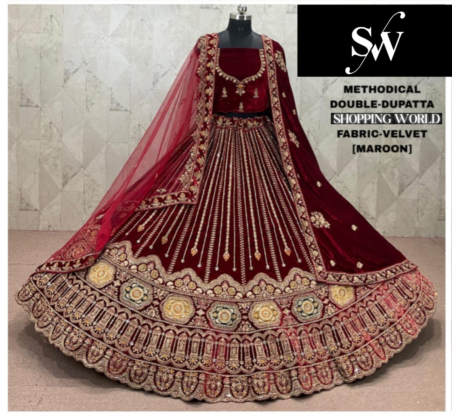 Maroon Velvet Double Dupatta Bridal Lehenga