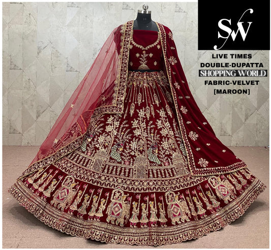 Maroon Velvet Double Dupatta peacock Bridal Lehenga