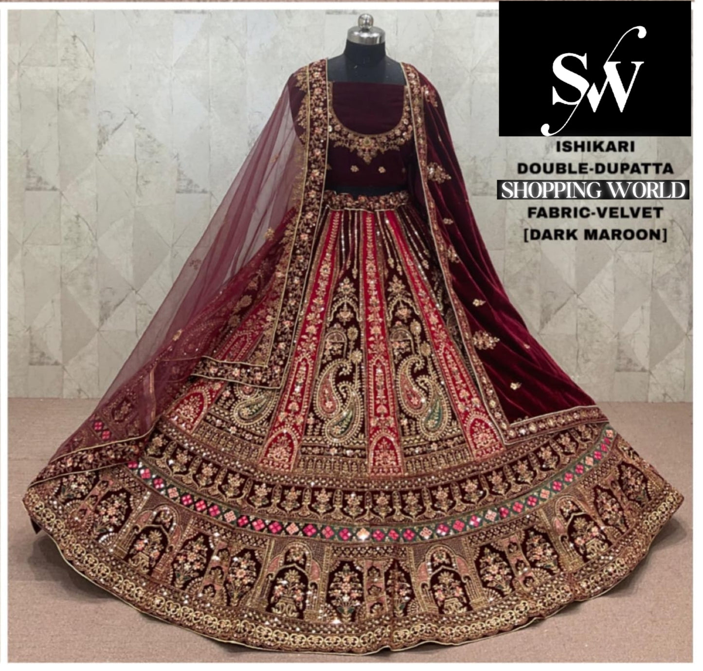 Dark Maroon peacock Velvet Double Dupatta Bridal Lehenga