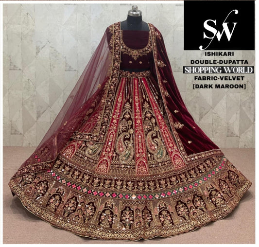 Dark Maroon peacock Velvet Double Dupatta Bridal Lehenga