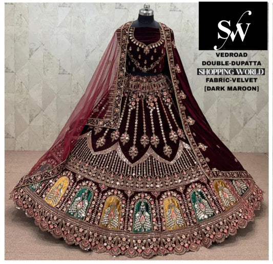 Dark Maroon peacock Velvet Double Dupatta Bridal Lehenga