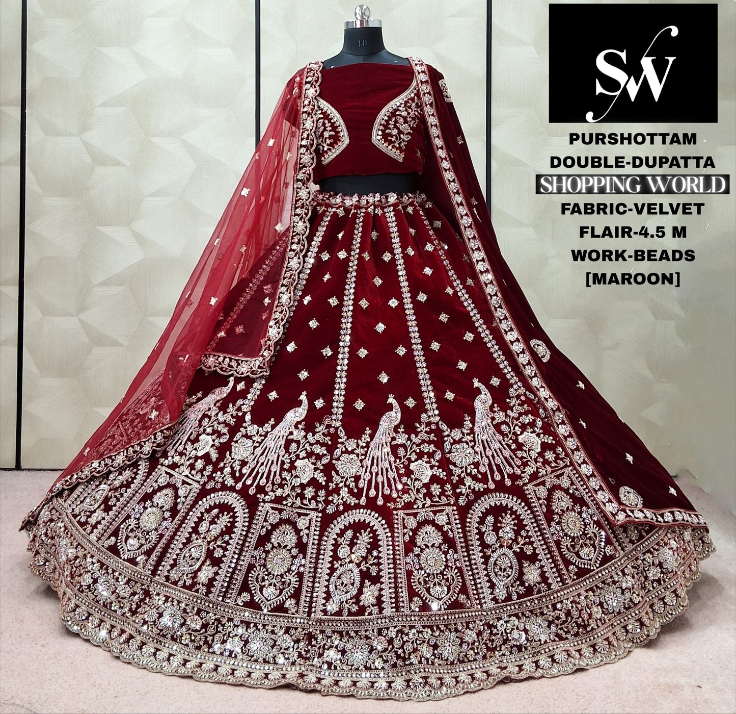 Dark Maroon peacock Velvet Double Dupatta Bridal Lehenga