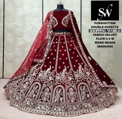 Dark Maroon peacock Velvet Double Dupatta Bridal Lehenga