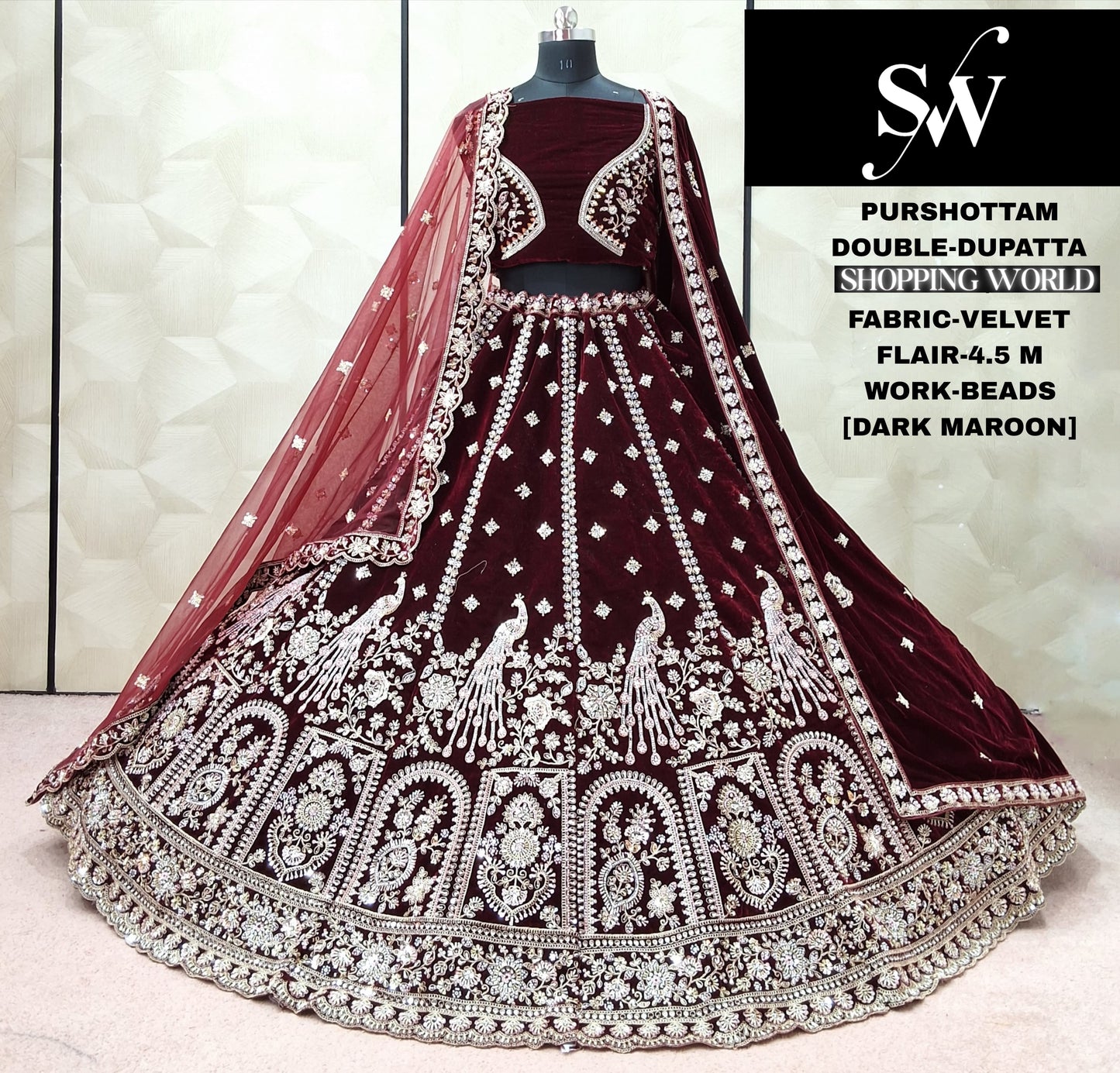 Dark Maroon peacock Velvet Double Dupatta Bridal Lehenga
