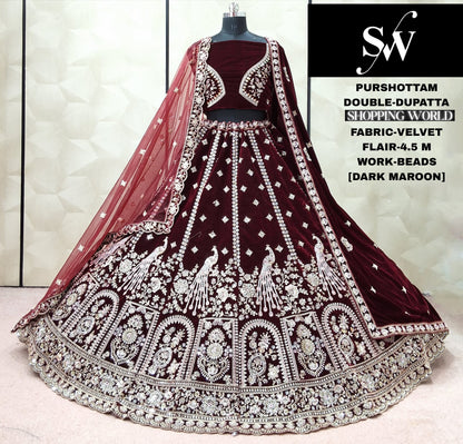 Dark Maroon peacock Velvet Double Dupatta Bridal Lehenga