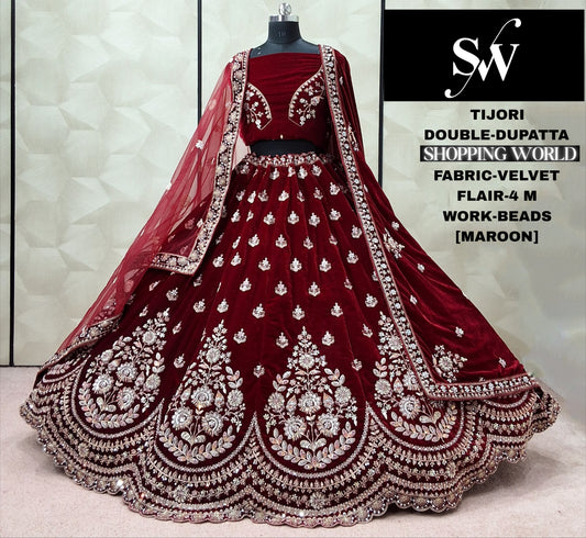 Dark Maroon Velvet Double Dupatta Bridal Lehenga