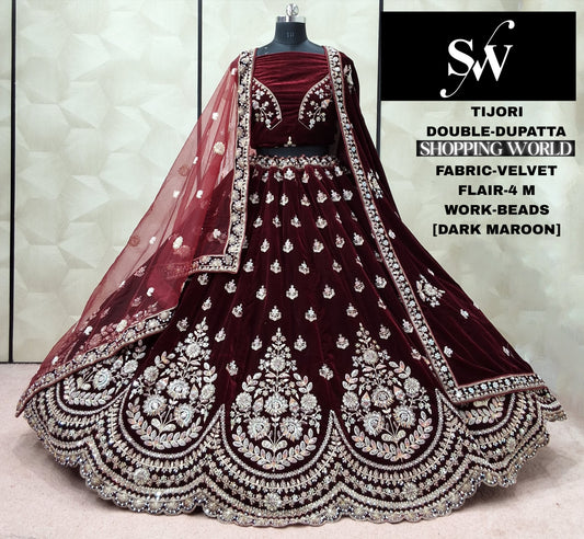 Dark Maroon Velvet Double Dupatta Bridal Lehenga