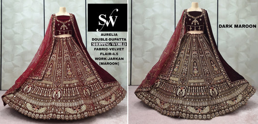 Dark Maroon maroon Velvet Double Dupatta Bridal Lehenga