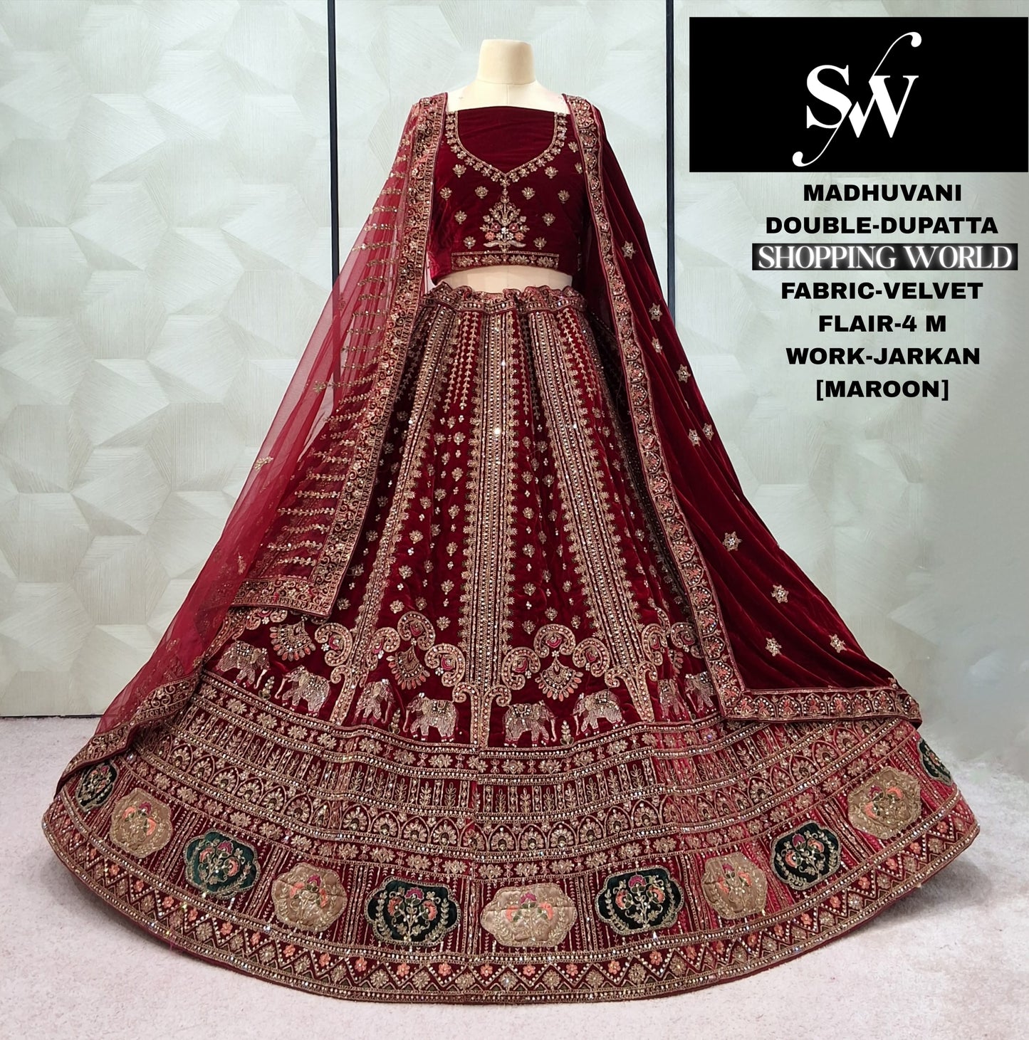 Maroon Velvet Double Dupatta Bridal Lehenga