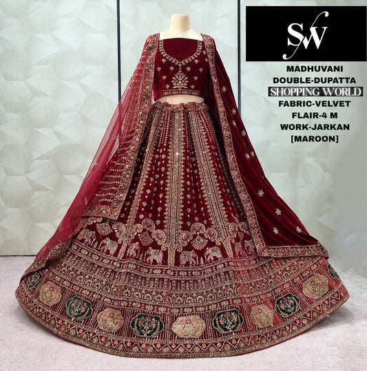 Maroon Velvet Double Dupatta Bridal Lehenga