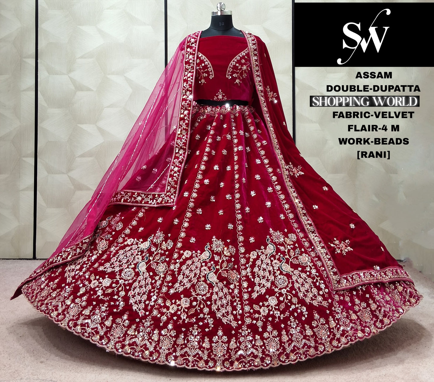 Rani pink peacock Velvet Double Dupatta Bridal Lehenga