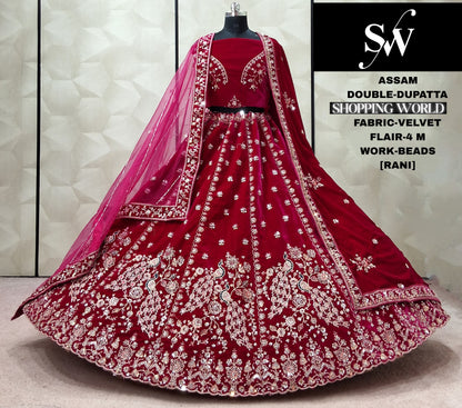 Rani pink peacock Velvet Double Dupatta Bridal Lehenga