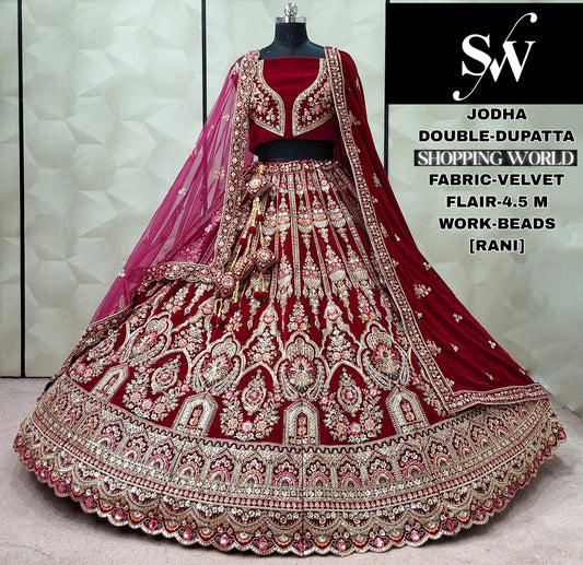 Maroon Velvet Double Dupatta Bridal Lehenga