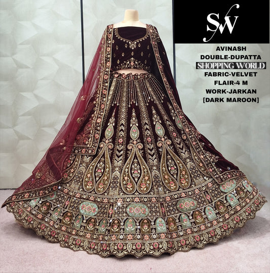 Dark Maroon peacock Velvet Double Dupatta Bridal Lehenga