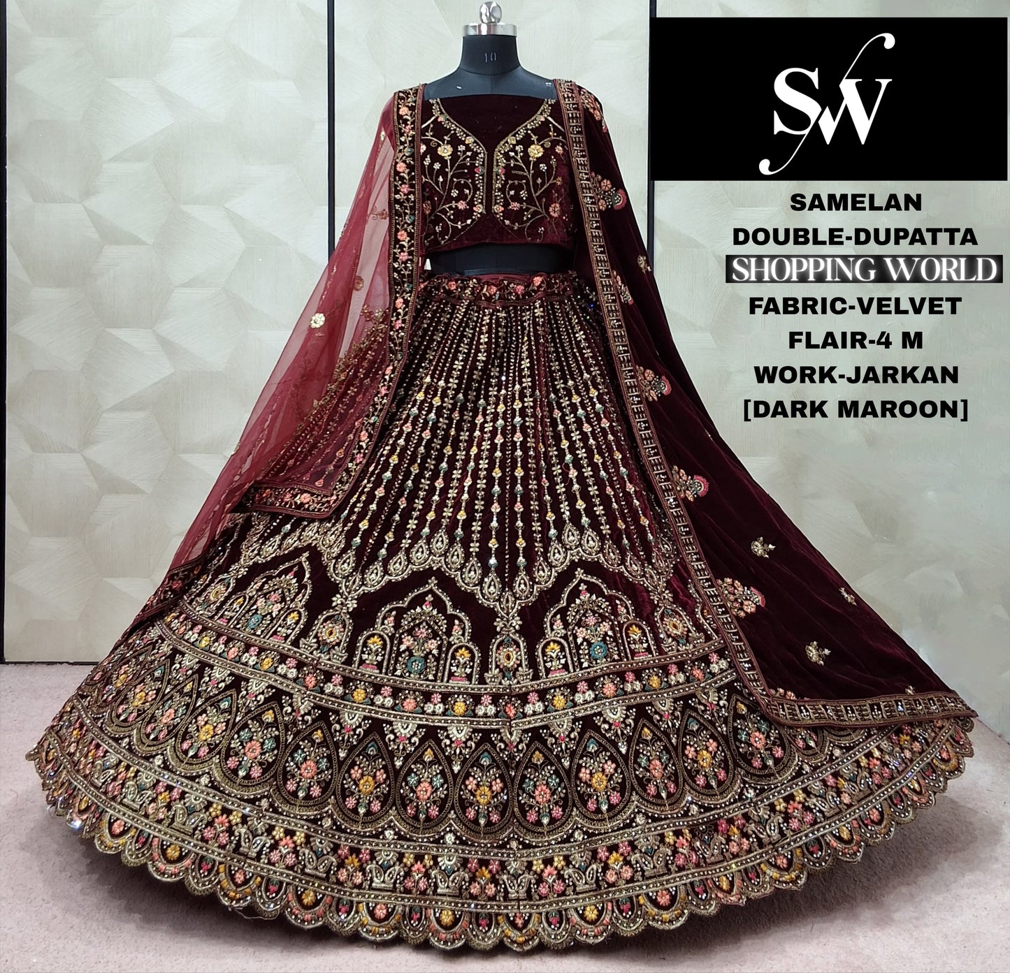 Dark Maroon Velvet Double Dupatta Bridal Lehenga