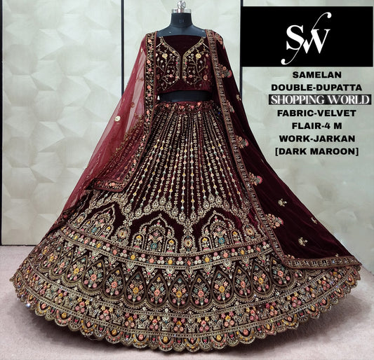 Dark Maroon Velvet Double Dupatta Bridal Lehenga