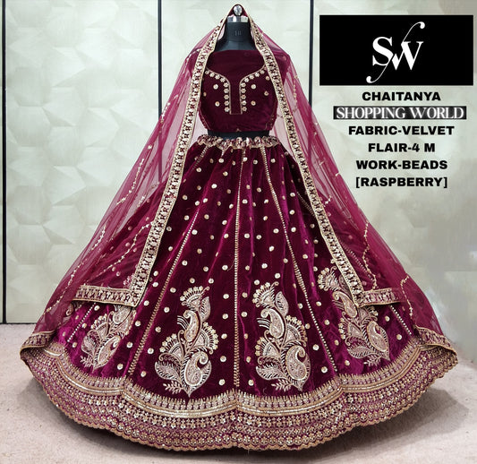 Raspberry Maroon Velvet Bridal Lehenga