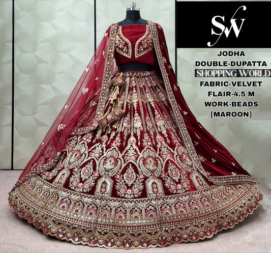 Maroon Velvet Double Dupatta Bridal Lehenga