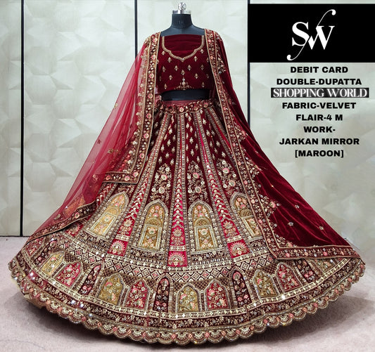 Maroon Velvet Double Dupatta Bridal Lehenga